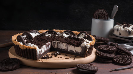 Chocolate cake with cream and chocolate cookies on a dark background.の素材
