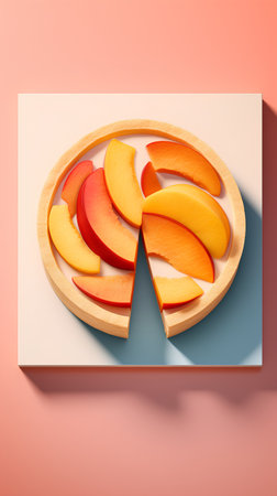 Peach slices in wooden plate on colorful background. 3d illustrationの素材