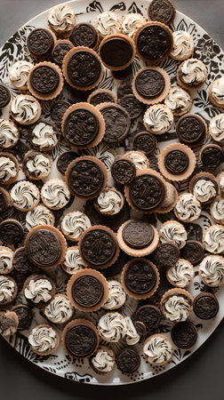 cookies with cream and chocolate on a white plate, top viewの素材