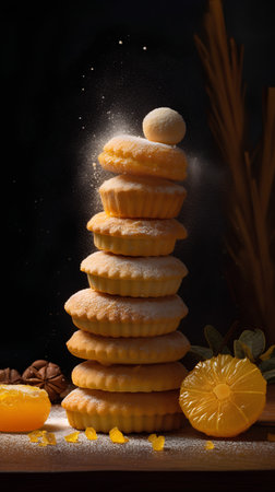 Homemade shortcrust pastry cookies with sugar powder on black backgroundの素材