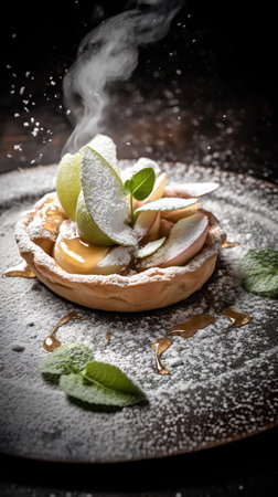 Delicious apple tart with powdered sugar and mint leaves on dark backgroundの素材
