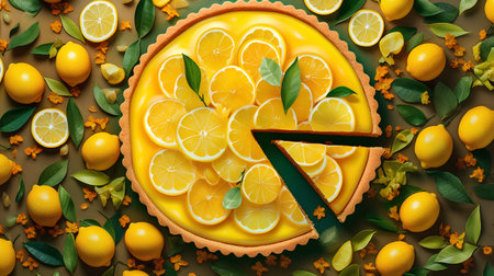 Lemon tart with lemons and leaves on green background, top viewの素材