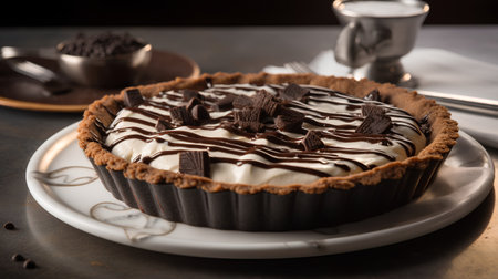 Chocolate tart with whipped cream and chocolate chips on a dark backgroundの素材