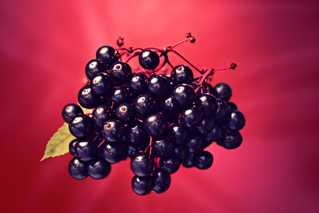 Bunch of ripe black elderberries with leaves on a red backgroundの素材