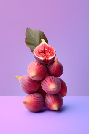 Figs with leaves on a purple background. 3d rendering.の素材