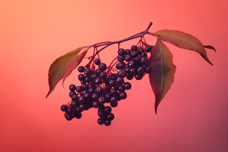 Branch of ripe black elderberry with leaves on a red backgroundの素材