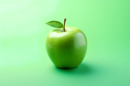 Green apple with leaf on a green background. 3d illustration.の素材