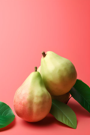 Ripe pears with leaves on a pink background. Copy space.の素材