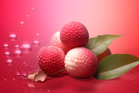 Lychee fruits with leaves and water drops on a red backgroundの素材