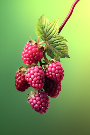 Ripe raspberry with leaves on a green background. 3d illustrationの素材