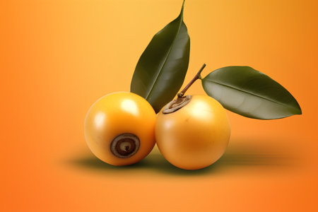 Ripe loquat fruits on orange background. 3d illustrationの素材