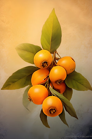 Fruits of the loquat tree with green leaves on a yellow background.の素材