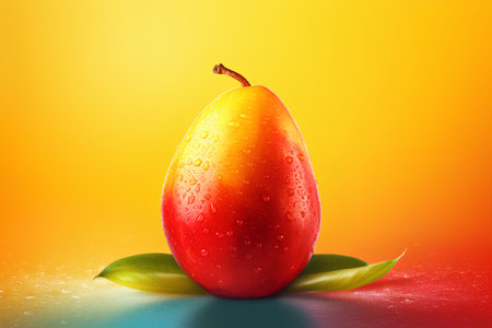 Mango with water drops on colorful background. 3d illustration.の素材