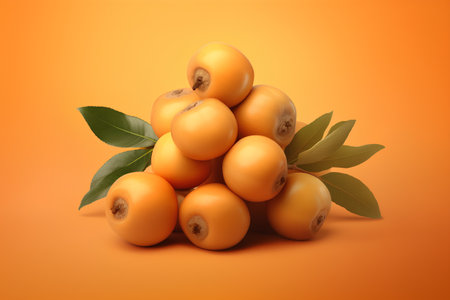 Loquat fruits with leaves on orange background. 3d illustrationの素材