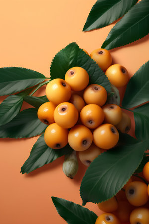Sea buckthorn berries with green leaves on orange background. Flat lay, top view.の素材