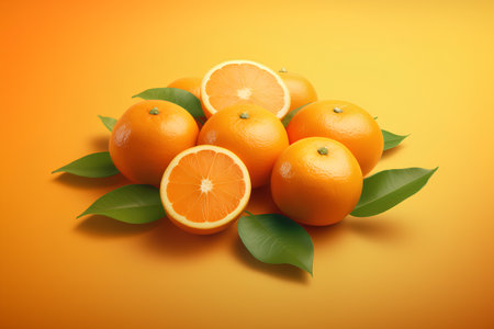 Oranges with leaves on a yellow background. 3d illustration.の素材