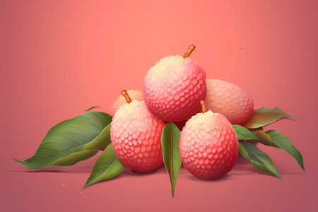 Ripe lychee fruits with leaves on red background. Vector illustration.の素材
