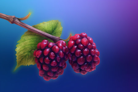 Mulberry branch with ripe berries and leaves on a blue backgroundの素材