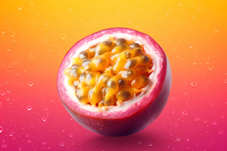 Passion fruit on colorful background with water drops. 3d illustrationの素材
