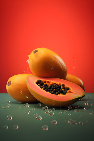 Papaya fruit with water drops on green and red background.の素材