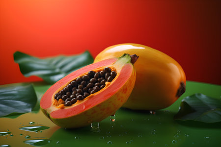 Papaya fruit with leaves and water drops on orange background.の素材
