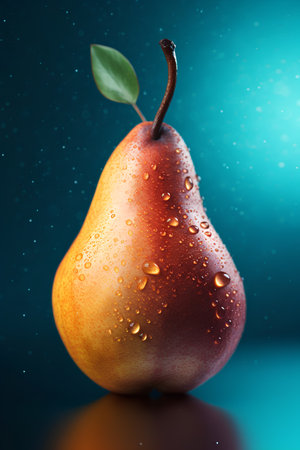 Ripe pear with water drops on a dark background. Close-up.の素材