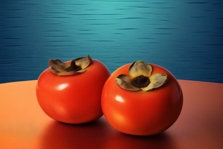 Ripe persimmons on a blue background. 3d illustrationの素材