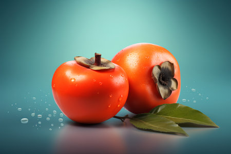 Fresh ripe persimmon with water drops isolated on blue background.の素材