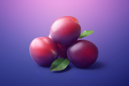 Plums on a purple background. Realistic vector illustration of fruits.の素材