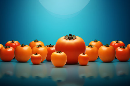 Ripe persimmons on a blue background. 3d illustrationの素材