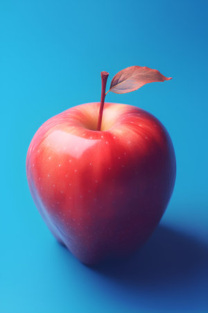 Red apple with leaf isolated on blue background. 3d illustration.の素材