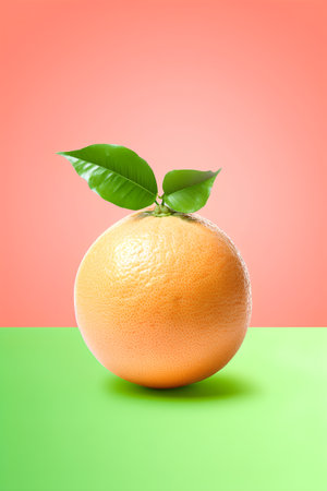 Grapefruit with green leaves on a green and orange background.の素材