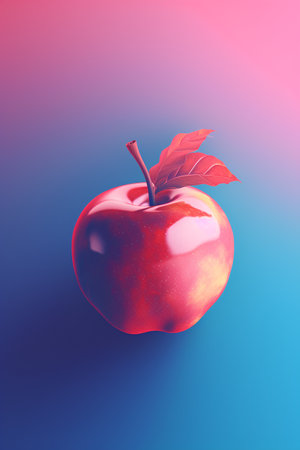 Red apple on blue gradient background. 3d illustration. Minimal style.の素材