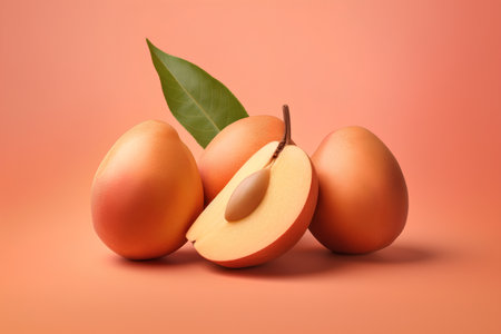 Fresh sapodilla fruits with green leaves isolated on orange background.の素材