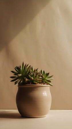 Succulent plant in a clay pot on a brown background.の素材