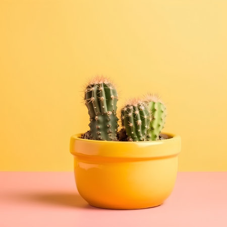 Cactus in a pot on a yellow and pink background. Minimal styleの素材