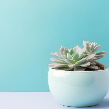 Succulent plant in pot on white table and turquoise backgroundの素材