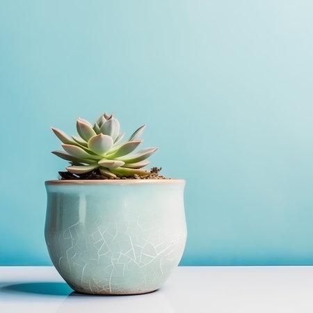 Succulent plant in ceramic pot on table and blue background.の素材