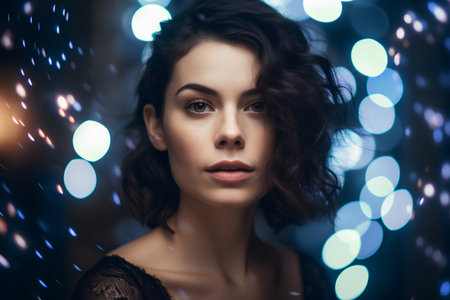 Portrait of beautiful young woman with long curly hair on bokeh backgroundの素材