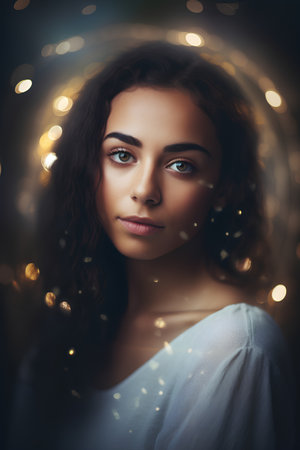 Portrait of beautiful young woman with bokeh lights on backgroundの素材