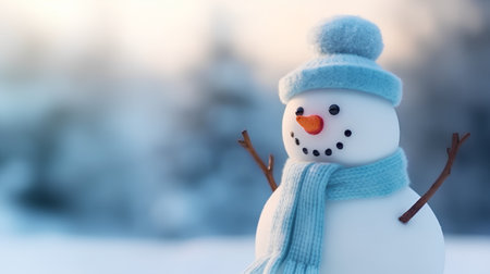 Snowman with scarf and hat on the background of the winter forestの素材