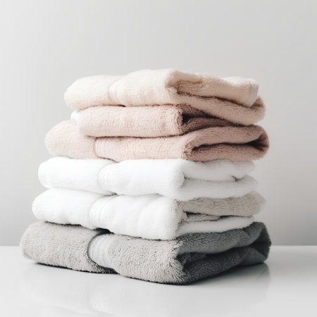 Stack of clean towels on a white background. Toned image.の素材
