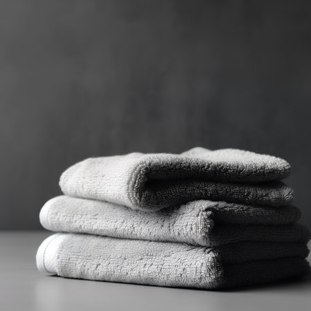 Stack of clean towels on grey background. Mock up, 3D Renderingの素材
