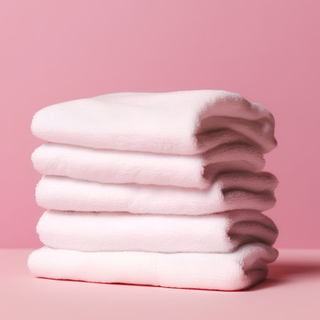 Stack of white towels on a pink background. 3d rendering.の素材
