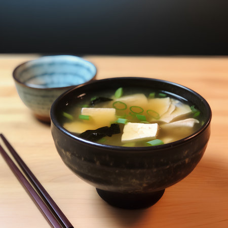 Japanese miso soup in a bowl with chopsticks on a wooden tableの素材