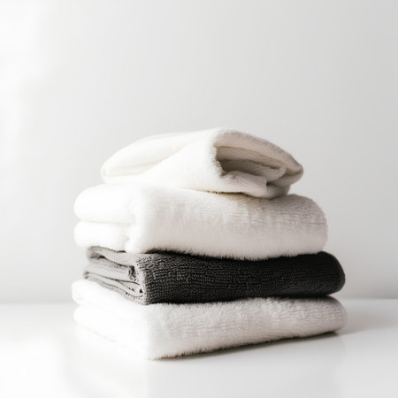 Stack of clean towels on white background. Shallow dof.の素材