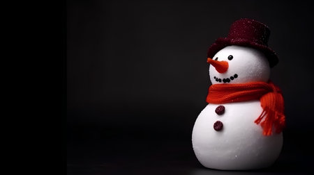 Snowman with red scarf and hat on a black background with copy spaceの素材