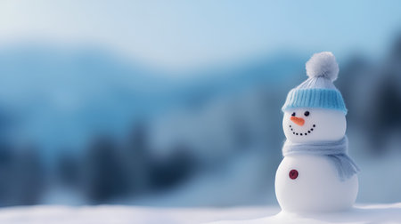Snowman in a knitted hat and scarf on the background of a winter forestの素材