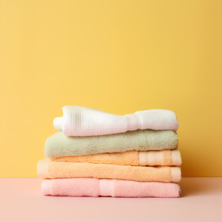 Stack of clean towels on pink and yellow background with copy space.の素材