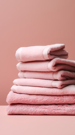 Stack of pink towels isolated on pink background. Clipping path included.の素材